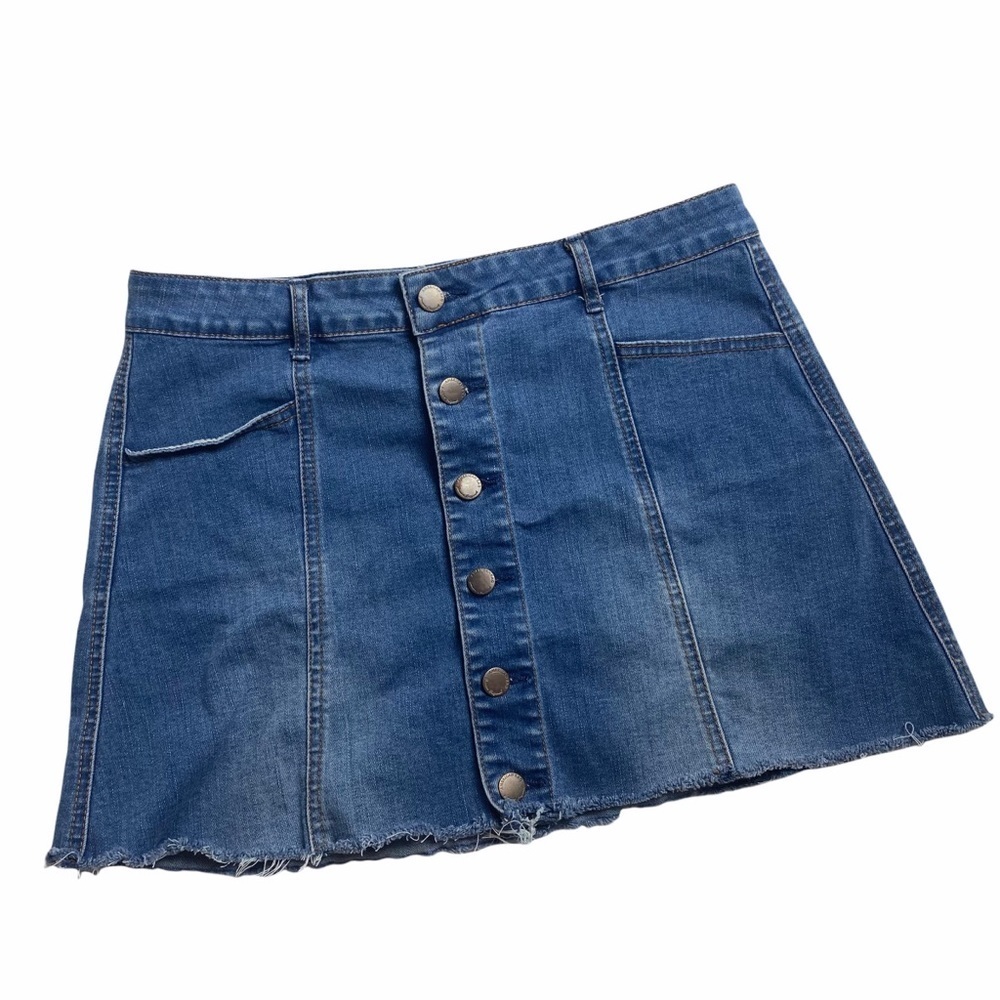 American Rag A line button down raw edge distressed denim skirt - Picture 1 of 6